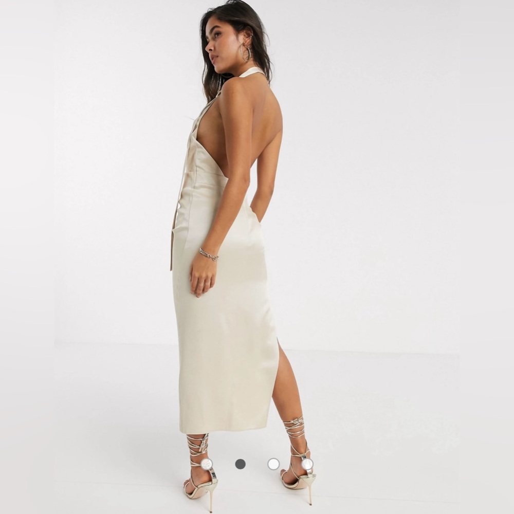 ASOS DESIGN SIZE 4/SMALL HALTER MIDI DRESS DRAPE DETAIL IN TEXTURED CREPE SATIN